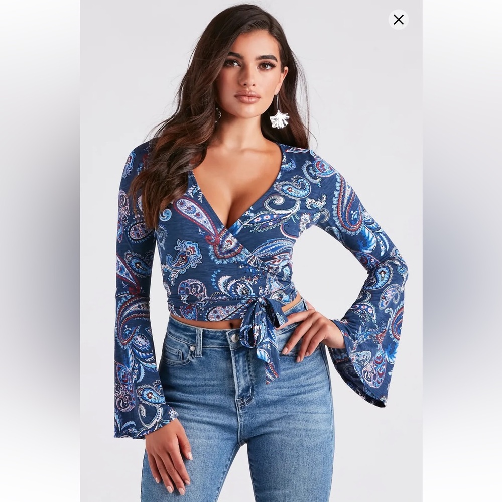 Windsor Blue Paisley Wrap Crop Top